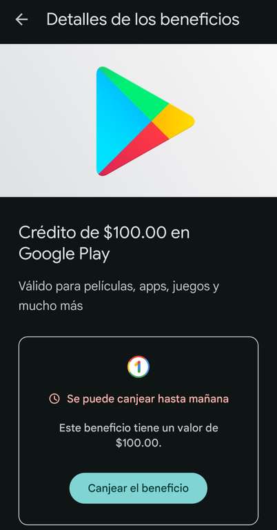 Google one: Crédito de $100 en Google play | usuarios seleccionados