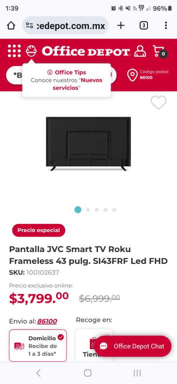 Office Depot: Pantalla JVC Smart TV Roku Frameless 43 pulg. SI43FRF Led FHD