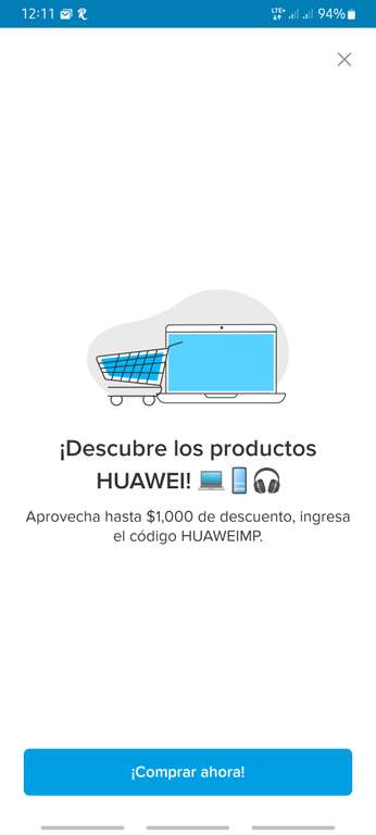 Mercado Pago: cupón 5% de descuento en Huawei Store topado a $1,000