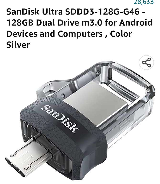 Amazon: SanDisk Ultra SDDD3-128G-G46 - 128GB Dual Drive m3.0 for Android Devices and Computers , Color Silver