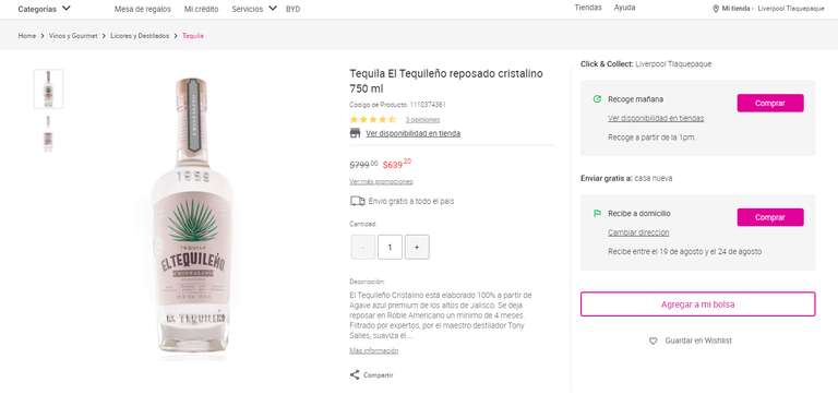 Liverpool: Tequila El Tequileño reposado cristalino 750 ml