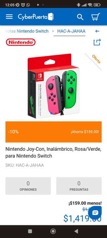 Cyberpuerta: Nintendo Joy-Con, Inalámbrico, Rosa/Verde, para Nintendo Switch