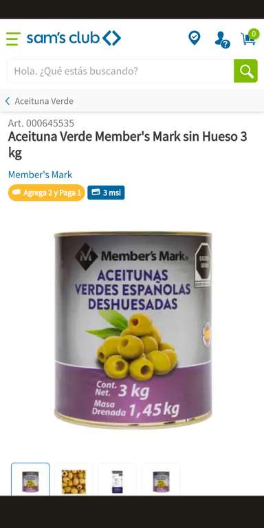 Sam's Club: TODAS LAS ACEITUNAS 2x1... Ejemplo - Aceituna Verde Member's Mark sin Hueso 3 kg