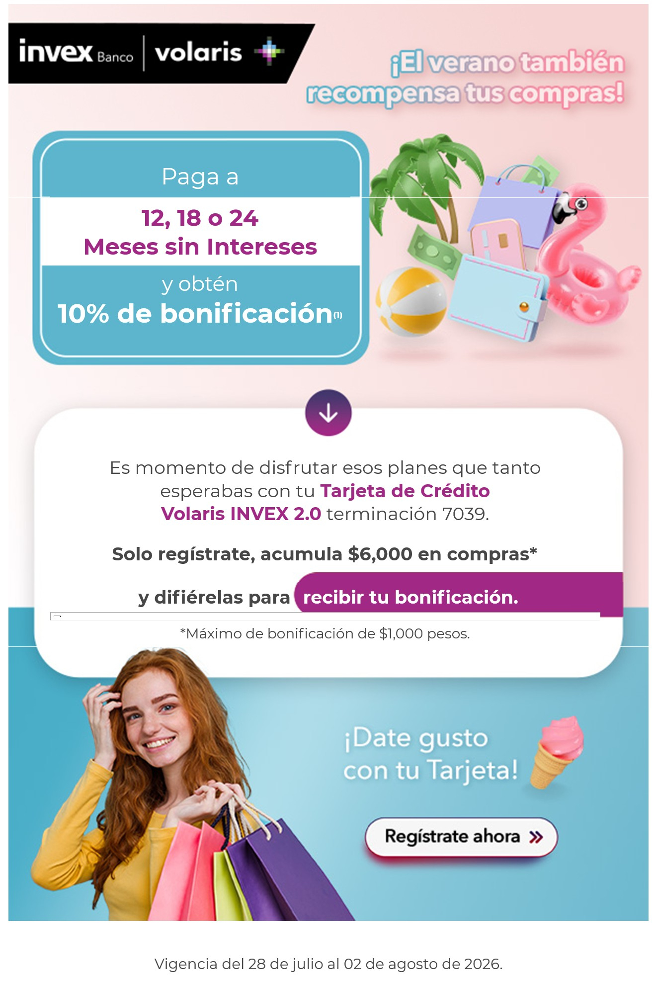 Invex: 10% Bonificación por pagar a MSI (topado a $1,000, cualquier comercio, mínimo de compra $6,000 acumulables, 28 julio al 2 agosto)