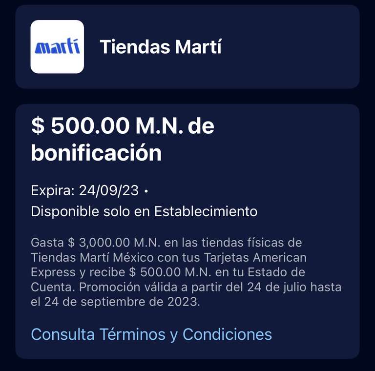 American Express: $500 de bonificación gastando $3,000 en Martí
