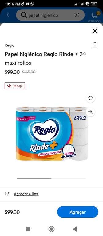 Papel higiénico regio rendí+. Con 24 rollos, $99. En Walmart en línea