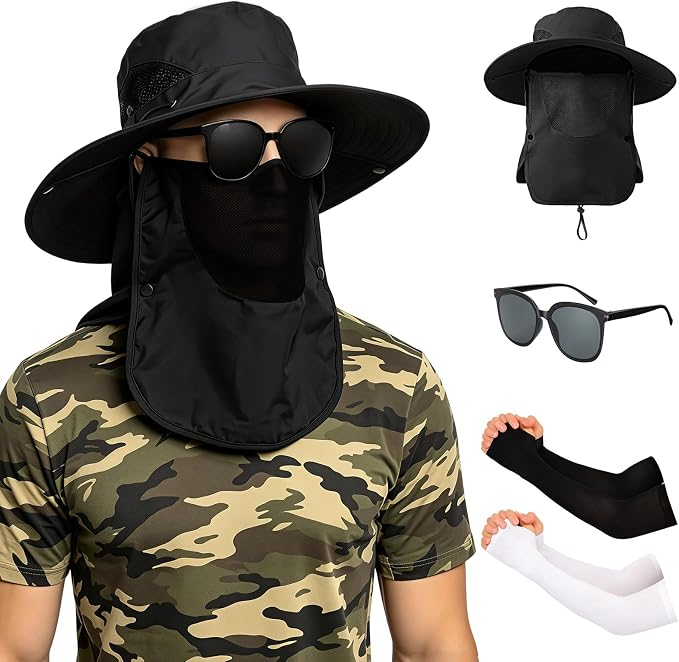 Amazon: Sombrero Pesca Sol ,UPF 50, con Gafas de Sol, Mangas de Protección Solar, Desmontable, Impermeable.