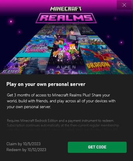 Xbox Game Pass Ultimate: 3 meses de Minecraft Realms Plus