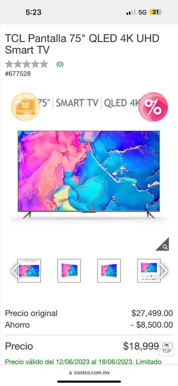 Costco: TCL Pantalla 75" QLED 4K UHD Smart TV