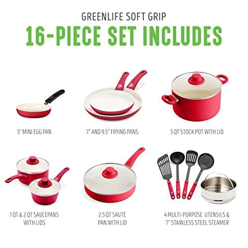 Amazon: Greenlife Batería de cocina, de cerámica, antiadherente, agarre suave, Rojo, 16 piezas, 1