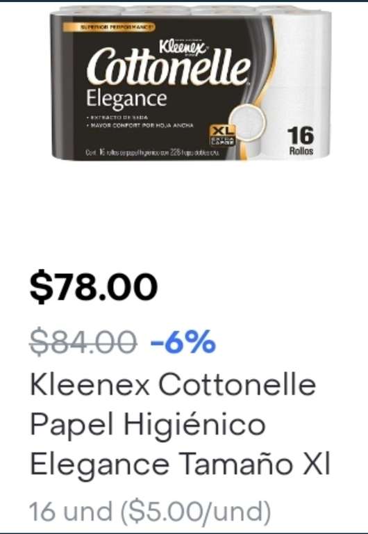 Rappi: Chedraui Kleenex Cottonelle Elegance XL 16 Rollos 228 Hojas a $78