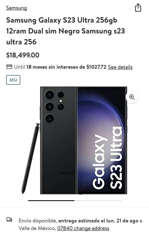 Walmart: Samsung S23 Ultra 5G, 256GB, 12GB Ram, Dual Sim, Phantom Black a 12 MSI con BBVA