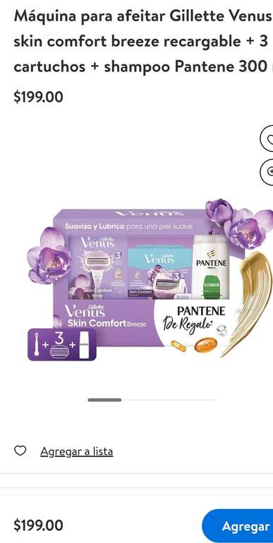 WALMART: Máquina para afeitar Gillette Venus skin comfort breeze recargable + 3 cartuchos + shampoo Pantene 300 ml