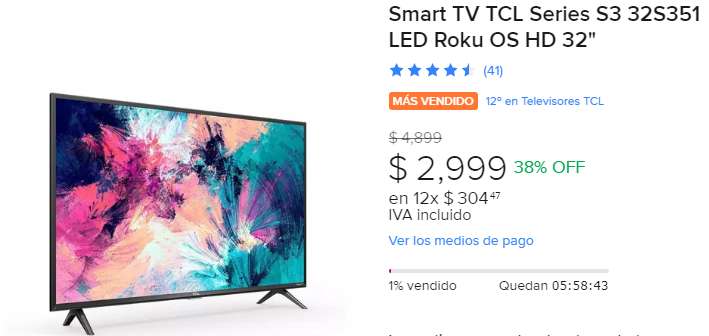 Mercado Libre: Smart TV TCL Series S3 32S351 LED Roku OS HD 32"