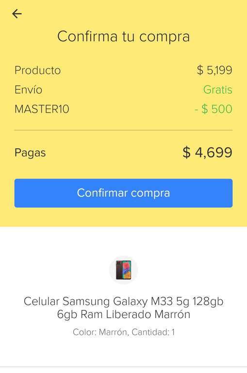 Mercado Libre: Samsung galaxy M33 5G 128 GB y 6 GB de RAM Dual Sim pagando con Mastercard