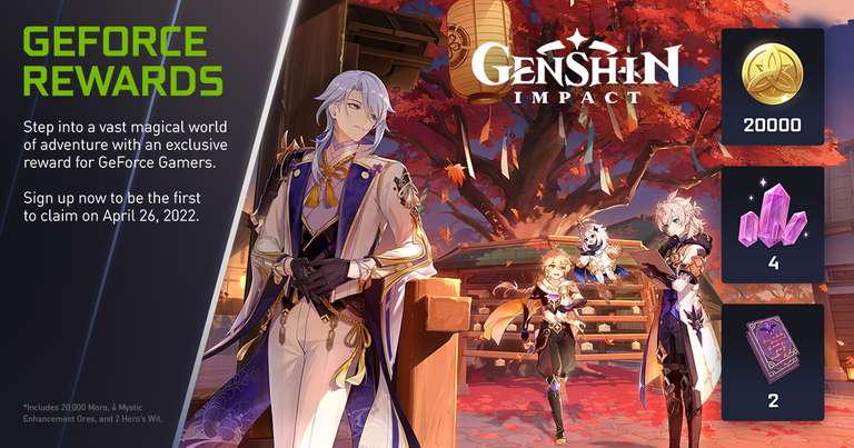 Nvidia Geforce Experience: Paquete de recompensas para Genshin Impact (20,000 moras, 4 minerales de refinamiento y 2 ingenios de heroe)