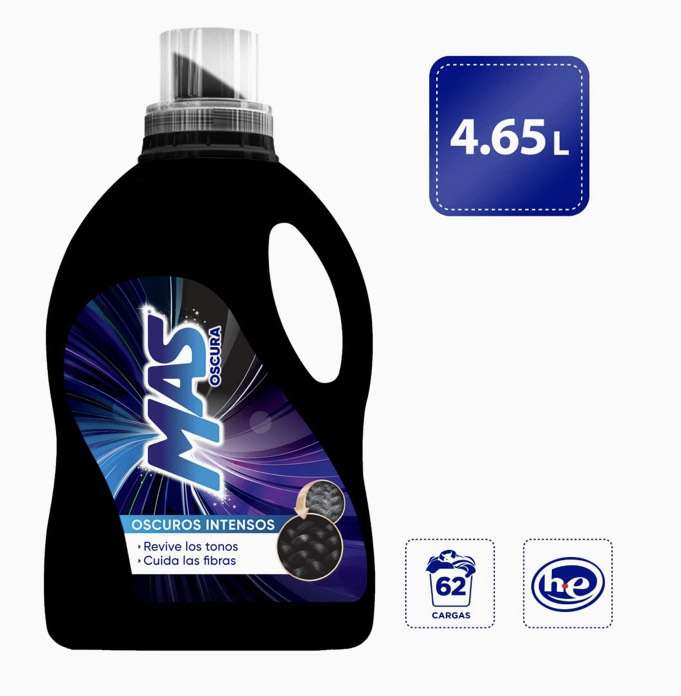 Amazon: MAS Oscuros Intensos, prendas oscuras y mezclilla, Detergente Líquido, 4.65 L (62 Cargas), Planea y Ahorra, Envío gratis con Prime