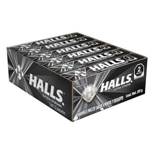 Amazon: Halls Caramelo macizo XtraStrong sabor Menta y Eucalipto, caja con 12 paquetes de 24.75 gr cada uno
