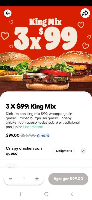 Rappi, burger King: 3x99 en King mix