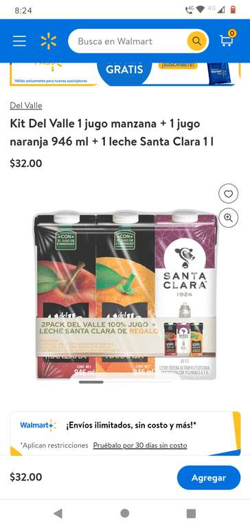 Walmart: Kit Del Valle 1 jugo manzana + 1 jugo naranja 946 ml + 1 leche Santa Clara 1 l