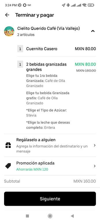 Uber Eats: Cielito querido café, 2 bebidas granizadas grandes y un cuernito x 40 pesos -Cdmx Norte