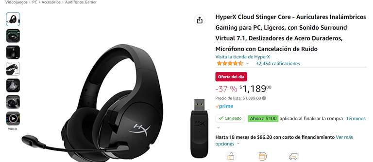 Amazon: HyperX Cloud Stinger Core - Auriculares Inalámbricos Gaming para PC