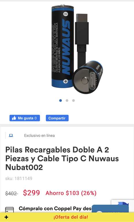 Coppel: Pilas Recargables Doble A 2 Piezas y Cable Tipo C Nuwaus Nubat002