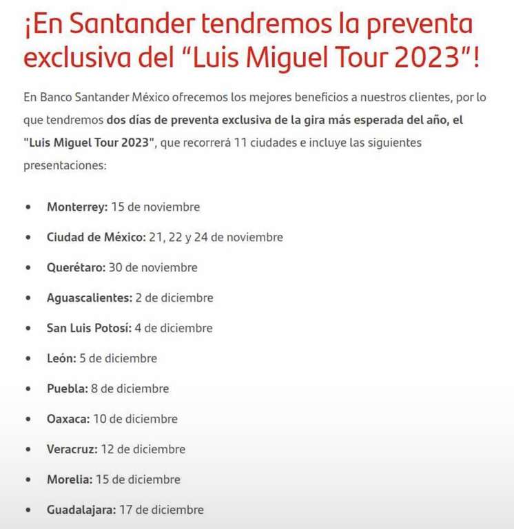 Santander: Preventa Luis Miguel 16 y 17 de Mayo