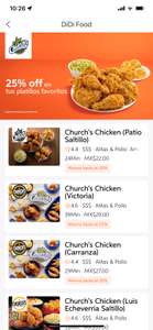 DiDi Food: Church's Chicken 25% de descuento