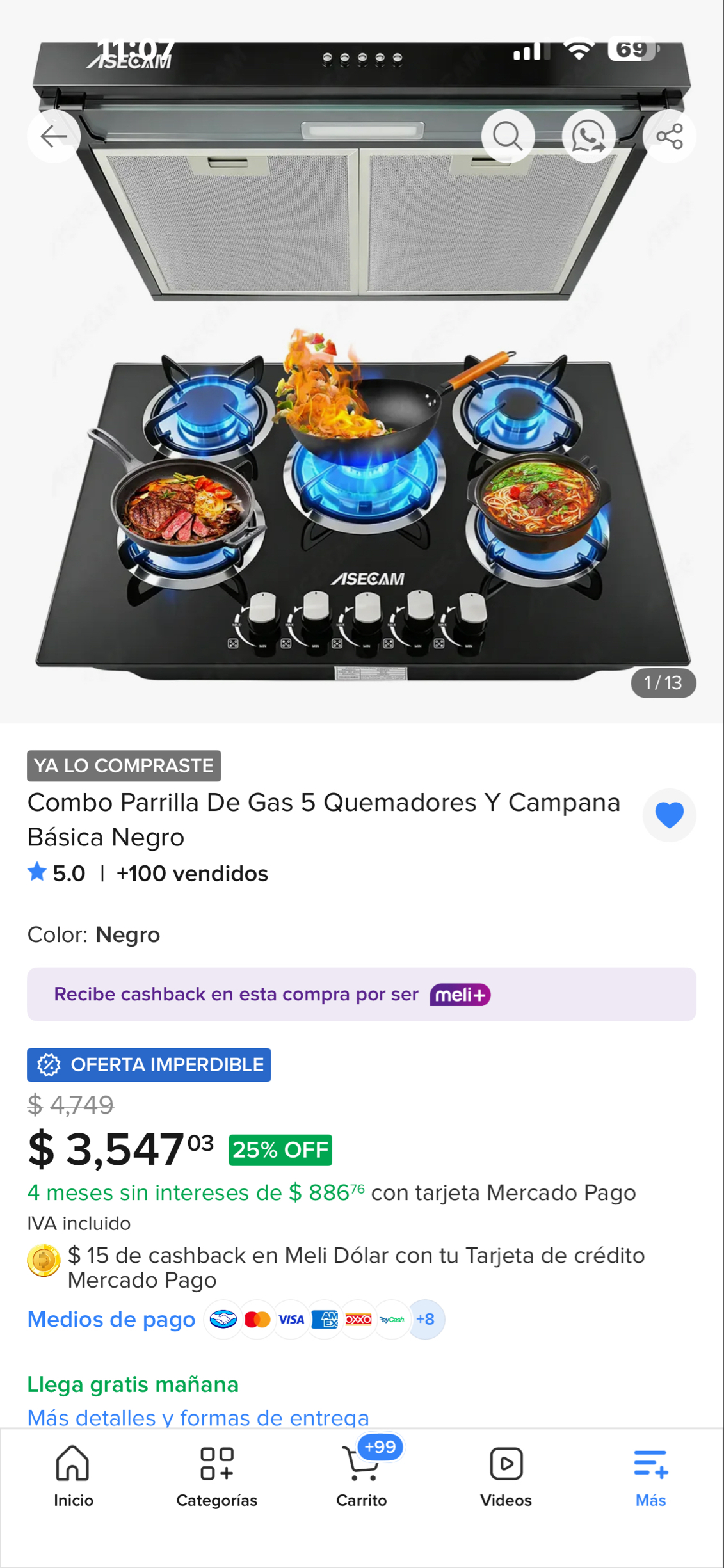 Mercado Libre: Combo Parrilla De Gas 5 Quemadores Y Campana Básica Negro