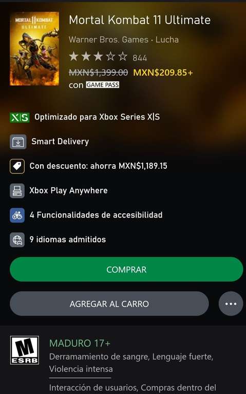 Microsoft Store: Mortal Kombat 11 Ultimate, precio con Game pass