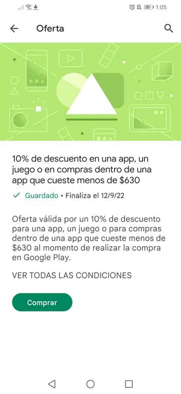 Google Play: 10% OFF para una app, juego o compras menores a $630 dentro de una app (usuarios seleccionados)