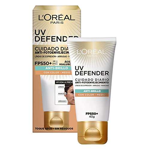Amazon - L'Oréal Paris Protector Solar Diario Anti-Brillo FPS50+ UV Defender Tono Medio | Planea y Ahorra, envío gratis con Prime