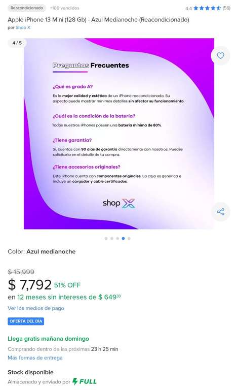 Mercado Libre: Iphone 13 Mini 128Gb - REACONDICIONADO grado A