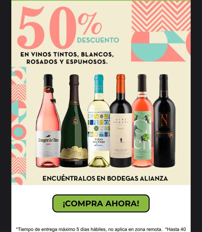 Bodegas alianza: 50% en vinos tintos blancos y rosados
