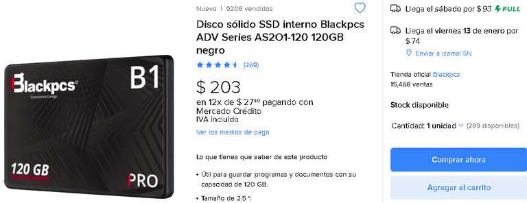 Mercado Libre: SSD 120GB BlackPCS