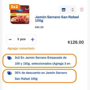 Chedraui: 30% de descuento en Jamón Serrano San Rafael 100g (además al 3x2... 3x$126)