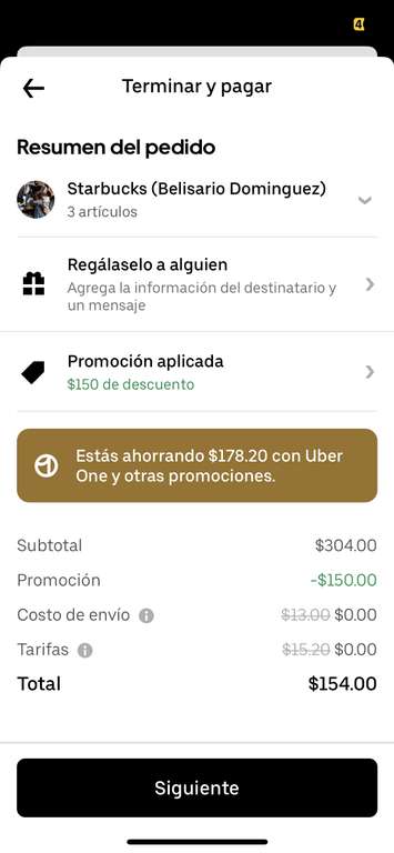 Uber Eats y Starbucks: Gasta $299 ahorra $150 (Frappes a $50) UBER ONE