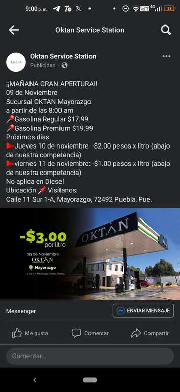 Gasolineras Oktan puebla: Gasolina regular $17.99/L por inauguración | 10 NOV 2 pesos abajo que la competencia | NOV 11 $1 abajo que la comp