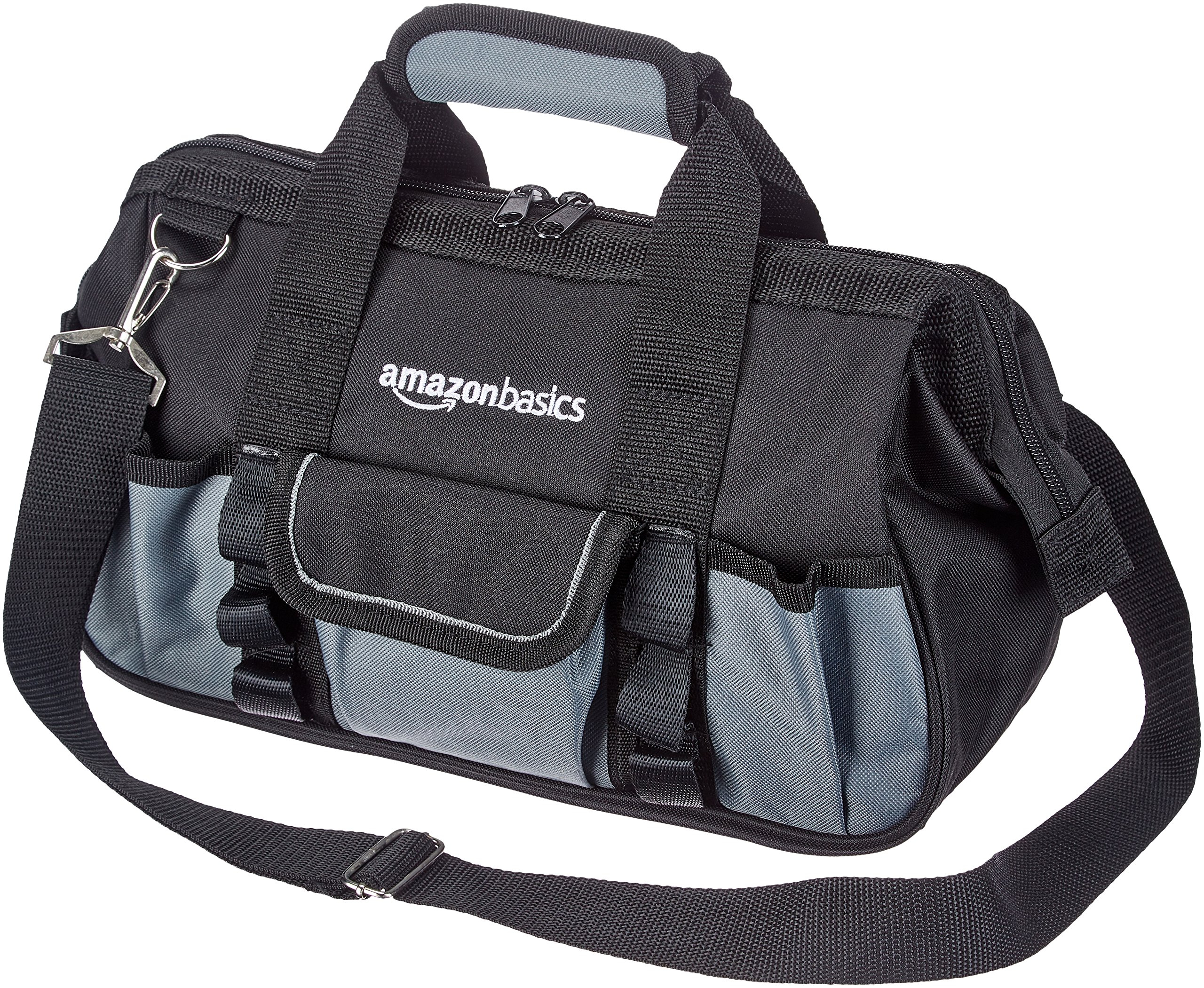 Amazon Basics Bolsa para herramientas Base duradera resistente al desgaste, bolsa estándar pequeña con correa, 30 cm, negro y gris