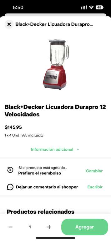 Bug Soriana Rappi: Black+Decker Licuadora Durapro 12 Velocidades.