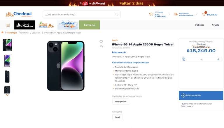iPhone 5G 14 Apple 256GB Negro Telcel - Recogiendo en Chedraui Selecto Juriquilla con HSBC