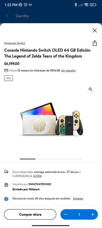 Walmart: Nintendo Switch Oled Edición Zelda TOTK - China con BBVA 12 MSI + cupón WMFESTEJA