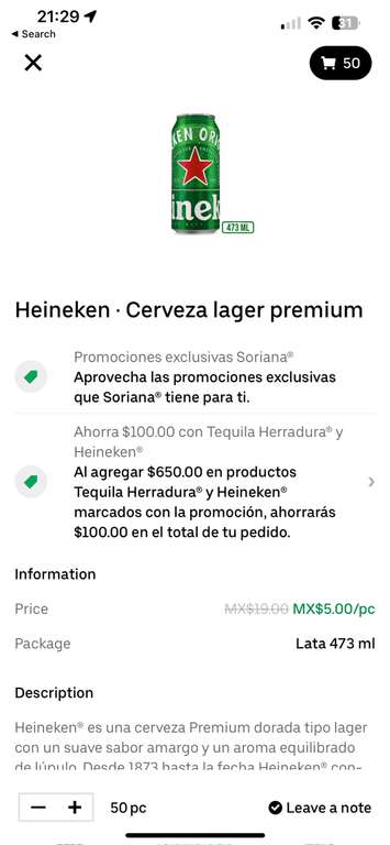 Uber Eats: Cerveza Heineken 473 ML a 5 pesos