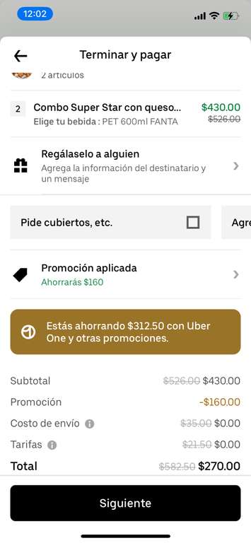 Uber eats: Carl’s Jr | 2 Combos súper star con queso $270 (descuento sobre descuento) siendo Uber One