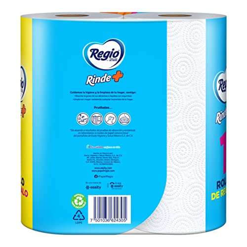 Amazon: Regio Rinde+ Toallas de papel, 250 hojas dobles, 1 rollo + 1 rollo gratis | envío gratis con Prime