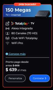 TotalPlay: Paquete 150Mb + 80 Canales TV con Alexa integrada (tramitando portabilidad)