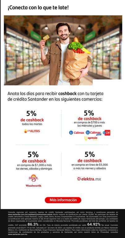 Santander: 5% cashback en elektra, Del Sol, Las Alitas y más