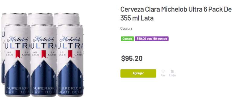 Soriana, 6 Pack (355 ml) Cerveza Michelob Ultra en 50 MXN usando 150 puntos