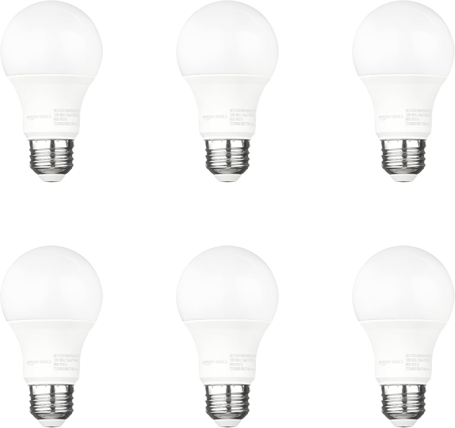 Amazon Basics - 6 Focos LED con sensor de atardecer a amanecer, 60 W, eficiencia energética 9 W, luz blanca, 2700 K, base E26, 10,000 hrs